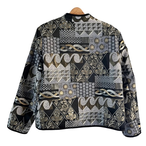 PRESWICK & MOORE Tapestry Jacket Black Gold Silver Full Zip Long Sleeves XL EUC - Picture 6 of 7